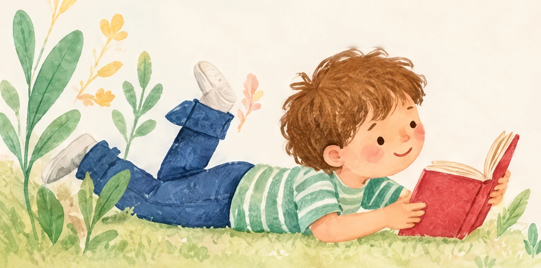 Watercolor illustration of a child reading a book